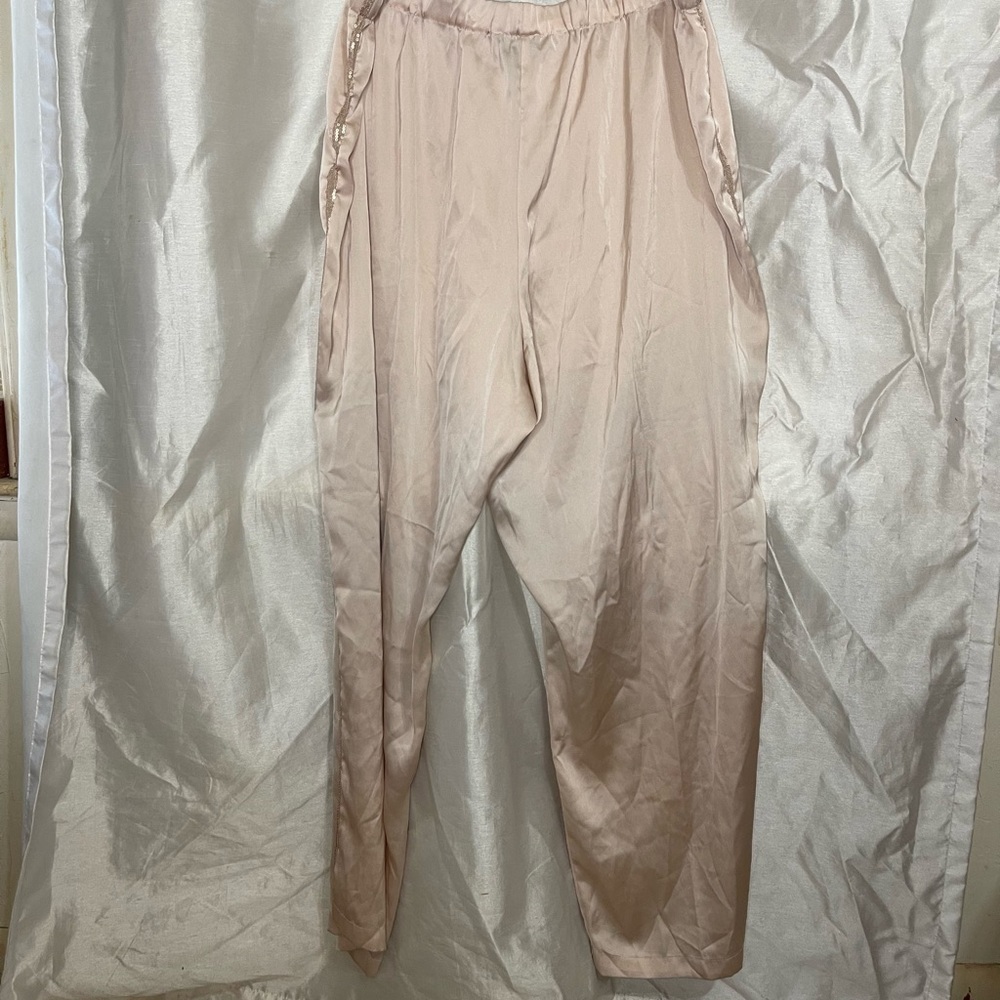 Plus Size Beige Satin Sequin Side Stripe Casual Glam Wide Leg High Waisted Pants